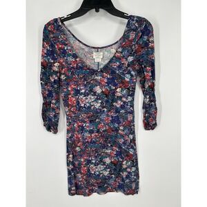 Intimately Free People 3/4 Sleeve V Neck Floral Shift Swing‎ Short Dress XS
